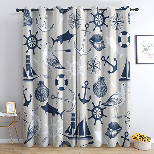 THYUNQ Maritime Vorhänge, Vorhang Blickdicht Verdunklungsvorhänge mit Ösen - Gardinen Wohnzimmer Schlafzimmer Fenster mit Muster, 2er Set Curtains, H 137 x B 117 cm von THYUNQ