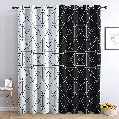 THYUNQ Schwarz und Weiß Geometrische Vorhänge mit Ösen, Vorhang Blickdicht Verdunklungsvorhänge mit Muster, Gardinen Wohnzimmer Schlafzimmer Fenster, 2er Set Curtains, H 175 x B 140 cm von THYUNQ