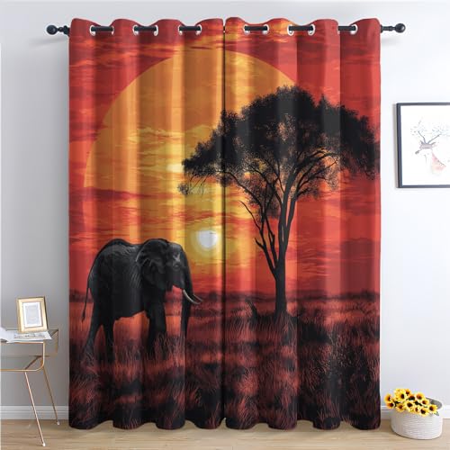 THYUNQ Vorhänge Afrika Elefant Motiv, Vorhang Blickdicht Verdunklungsvorhänge Thermovorhang mit Ösen, Gardinen Wohnzimmer Schlafzimmer Fenster, 2er Set Curtains, H 220 x B 140 cm von THYUNQ