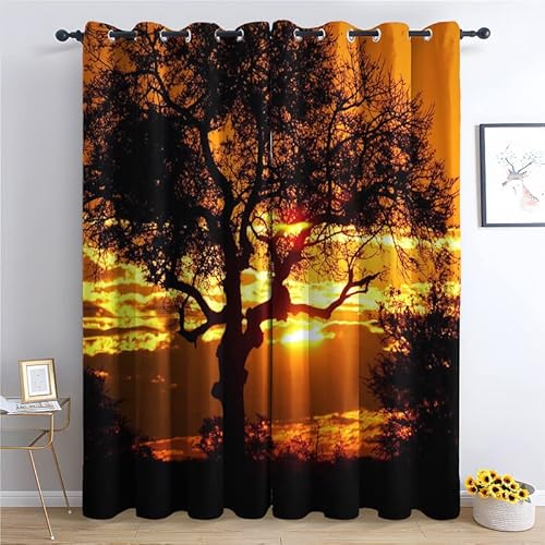 THYUNQ Vorhänge Afrika Sonnenuntergang und Baum Motiv, Vorhang Blickdicht Verdunklungsvorhänge mit Ösen - Gardinen Wohnzimmer Schlafzimmer Fenster, 2er Set Curtains, H 200 x B 140 cm von THYUNQ