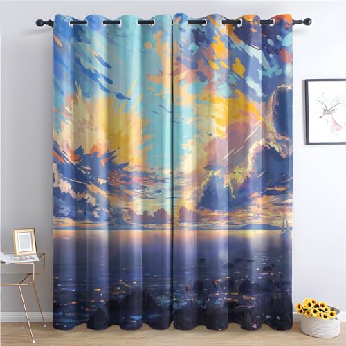 THYUNQ Vorhänge Anime Landschaft Motiv, Vorhang Blickdicht Verdunklungsvorhänge Thermovorhang mit Ösen, Gardinen Wohnzimmer Schlafzimmer Fenster, 2er Set Curtains, H 166 x B 75 cm von THYUNQ