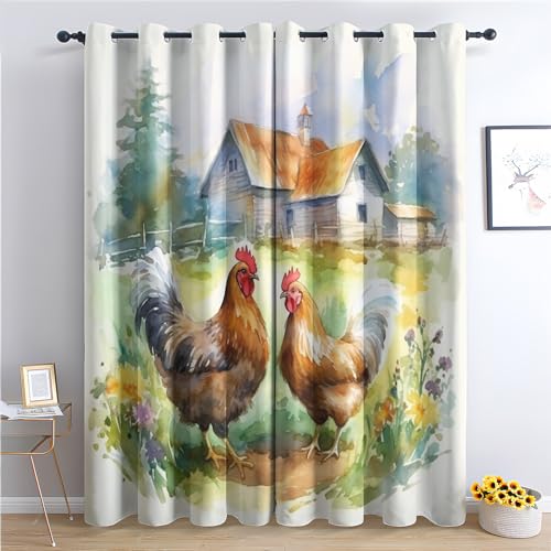 THYUNQ Vorhänge Bauernhof Huhn Motiv, Vorhang Blickdicht Verdunklungsvorhänge Thermovorhang mit Ösen, Gardinen Wohnzimmer Schlafzimmer Fenster, 2er Set Curtains, H 137 x B 117 cm von THYUNQ