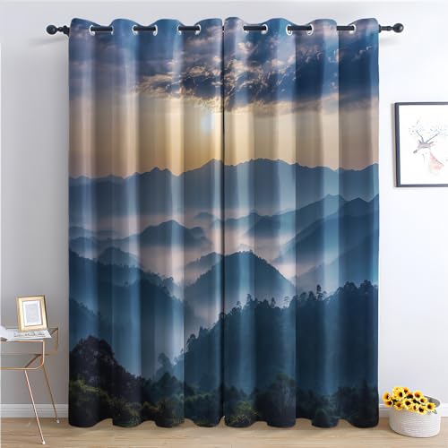 THYUNQ Vorhänge Berge Motiv, Vorhang Blickdicht Verdunklungsvorhänge Thermovorhang mit Ösen, Gardinen Wohnzimmer Schlafzimmer Fenster, 2er Set Curtains, H 200 x B 140 cm von THYUNQ