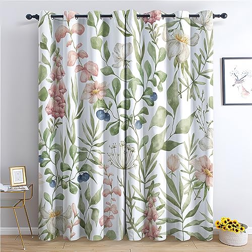 THYUNQ Vorhänge Blätter Blumen Muster, Vorhang Blickdicht Thermo Verdunklungsvorhänge mit Ösen - Gardinen Wohnzimmer Schlafzimmer Fenster, 2er Set Curtains, H 137 x B 117 cm von THYUNQ