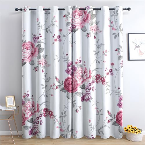 THYUNQ Vorhänge Blumen Motiv, Vorhang Blickdicht Verdunklungsvorhänge Thermovorhang mit Ösen, Gardinen Wohnzimmer Schlafzimmer Fenster, 2er Set Curtains, H 245 x B 140 cm von THYUNQ