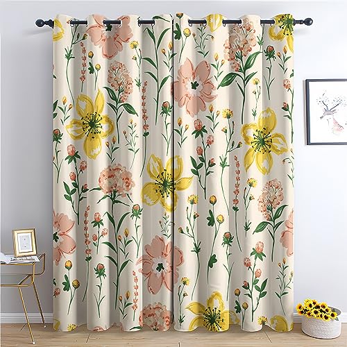 THYUNQ Vorhänge Blumen Muster, Vorhang Blickdicht Thermo Verdunklungsvorhänge mit Ösen - Gardinen Wohnzimmer Schlafzimmer Fenster, 2er Set Curtains, H 175 x B 140 cm von THYUNQ