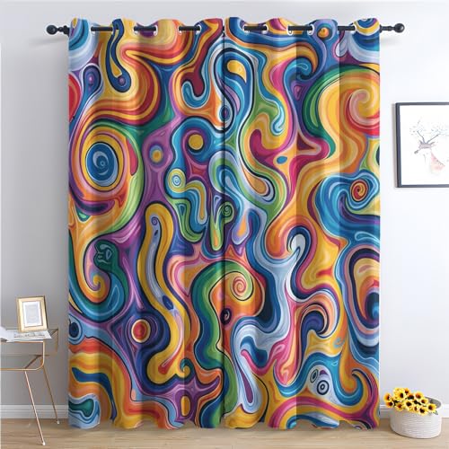 THYUNQ Vorhänge Bunt Abstrakt Motiv, Vorhang Blickdicht Verdunklungsvorhänge Thermovorhang mit Ösen, Gardinen Wohnzimmer Schlafzimmer Fenster, 2er Set Curtains, H 200 x B 140 cm von THYUNQ