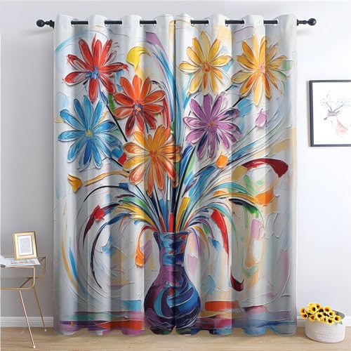 THYUNQ Vorhänge Bunte Blumen Motiv, Vorhang Blickdicht Verdunklungsvorhänge Thermovorhang mit Ösen, Gardinen Wohnzimmer Schlafzimmer Fenster, 2er Set Curtains, H 160 x B 140 cm von THYUNQ