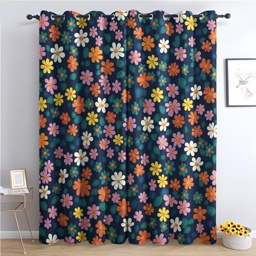 THYUNQ Vorhänge Bunte Blumen Motiv, Vorhang Blickdicht Verdunklungsvorhänge Thermovorhang mit Ösen, Gardinen Wohnzimmer Schlafzimmer Fenster, 2er Set Curtains, H 245 x B 140 cm von THYUNQ