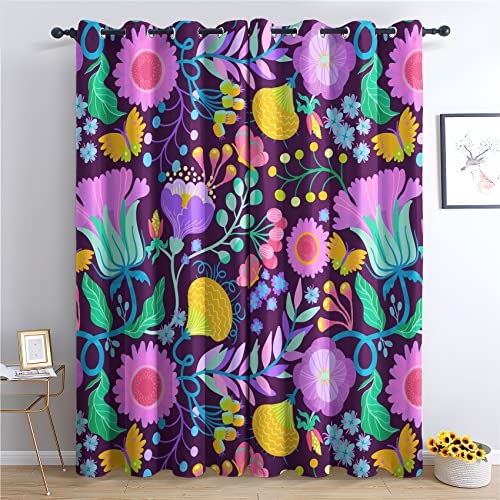 THYUNQ Vorhänge Bunte Blumen Motiv, Vorhang Blickdicht Verdunklungsvorhänge mit Ösen - Gardinen Wohnzimmer Schlafzimmer Fenster, 2er Set Curtains, H 220 x B 140 cm von THYUNQ