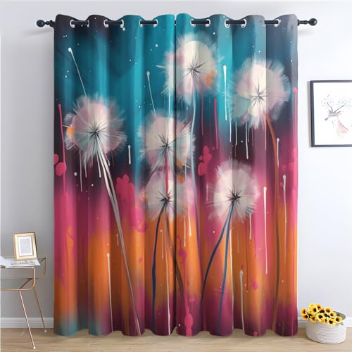 THYUNQ Vorhänge Bunte Pusteblume Motiv, Vorhang Blickdicht Verdunklungsvorhänge Thermovorhang mit Ösen, Gardinen Wohnzimmer Schlafzimmer Fenster, 2er Set Curtains, H 245 x B 140 cm von THYUNQ