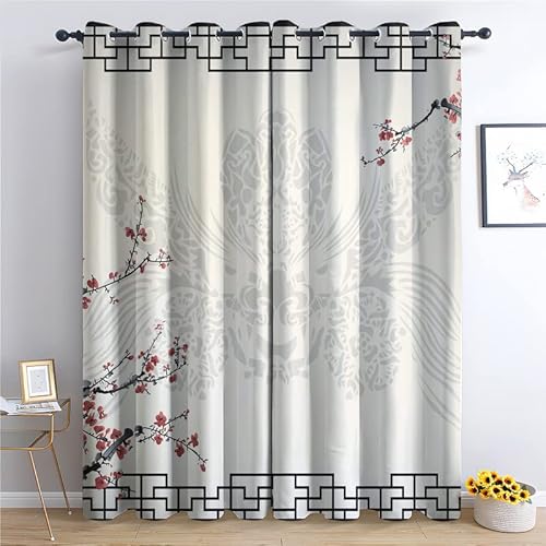 THYUNQ Vorhänge Chinesische Blumen Motiv, Vorhang Blickdicht Verdunklungsvorhänge mit Ösen - Gardinen Wohnzimmer Schlafzimmer Fenster, 2er Set Curtains, H 245 x B 140 cm von THYUNQ