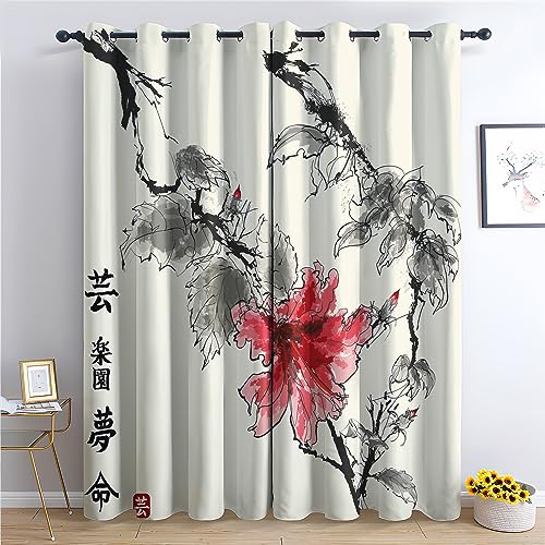 THYUNQ Vorhänge Chinesische Blumen Muster, Vorhang Blickdicht Thermo Verdunklungsvorhänge mit Ösen - Gardinen Wohnzimmer Schlafzimmer Fenster, 2er Set Curtains, H 160 x B 140 cm von THYUNQ