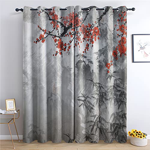 THYUNQ Vorhänge Chinesische Japanische Motiv, Vorhang Blickdicht Verdunklungsvorhänge mit Ösen - Gardinen Wohnzimmer Schlafzimmer Fenster, 2er Set Curtains, H 137 x B 117 cm von THYUNQ