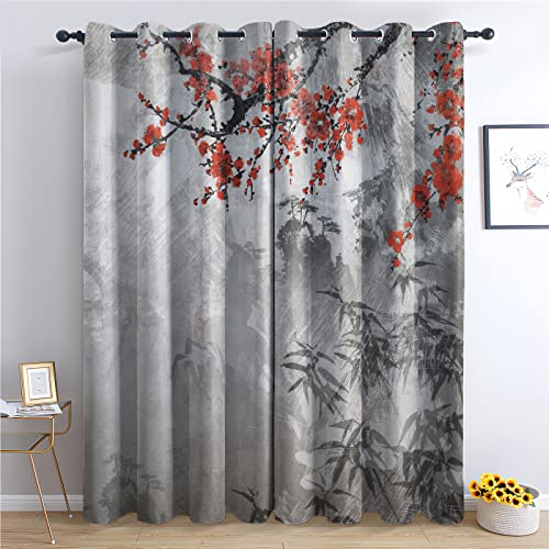 THYUNQ Vorhänge Chinesische Japanische Motiv, Vorhang Blickdicht Verdunklungsvorhänge mit Ösen - Gardinen Wohnzimmer Schlafzimmer Fenster, 2er Set Curtains, H 200 x B 140 cm von THYUNQ