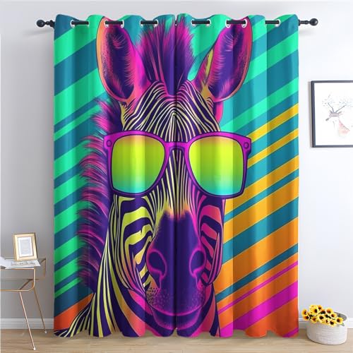 THYUNQ Vorhänge Cool Zebra Motiv, Vorhang Blickdicht Verdunklungsvorhänge Thermovorhang mit Ösen, Gardinen Wohnzimmer Schlafzimmer Fenster, 2er Set Curtains, H 220 x B 140 cm von THYUNQ