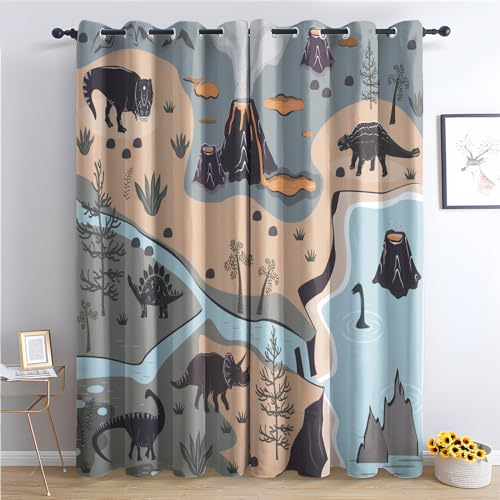 THYUNQ Vorhänge Dino Motiv, Vorhang Blickdicht Verdunklungsvorhänge Thermovorhang mit Ösen, Gardinen Wohnzimmer Schlafzimmer Fenster, 2er Set Curtains, H 175 x B 140 cm von THYUNQ