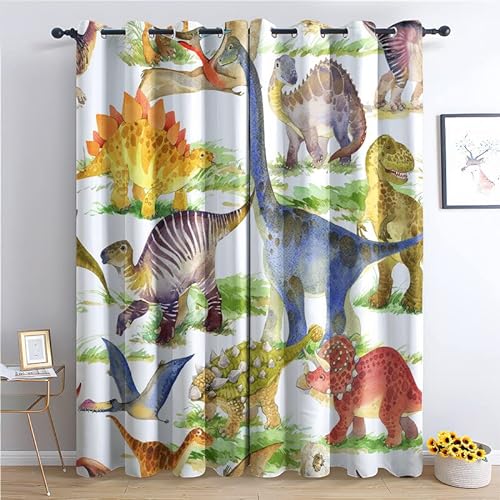 THYUNQ Vorhänge Dino Motiv, Vorhang Blickdicht Verdunklungsvorhänge mit Ösen - Gardinen Wohnzimmer Schlafzimmer Fenster, 2er Set Curtains, H 137 x B 117 cm von THYUNQ