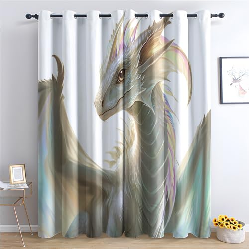 THYUNQ Vorhänge Drache Motiv, Vorhang Blickdicht Verdunklungsvorhänge Thermovorhang mit Ösen, Gardinen Wohnzimmer Schlafzimmer Fenster, 2er Set Curtains, H 160 x B 140 cm von THYUNQ