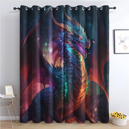 THYUNQ Vorhänge Drachen Motiv, Vorhang Blickdicht Verdunklungsvorhänge Thermovorhang mit Ösen, Gardinen Wohnzimmer Schlafzimmer Fenster, 2er Set Curtains, H 137 x B 117 cm von THYUNQ