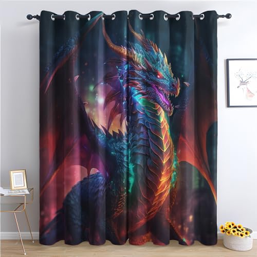 THYUNQ Vorhänge Drachen Motiv, Vorhang Blickdicht Verdunklungsvorhänge Thermovorhang mit Ösen, Gardinen Wohnzimmer Schlafzimmer Fenster, 2er Set Curtains, H 220 x B 140 cm von THYUNQ