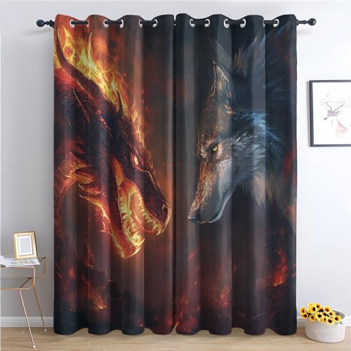 THYUNQ Vorhänge Drachen Wolf Motiv, Vorhang Blickdicht Verdunklungsvorhänge Thermovorhang mit Ösen, Gardinen Wohnzimmer Schlafzimmer Fenster, 2er Set Curtains, H 166 x B 75 cm von THYUNQ