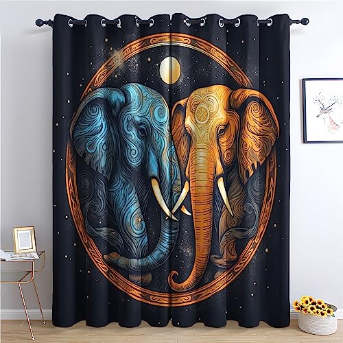 THYUNQ Vorhänge Elefant Motiv, Vorhang Blickdicht Verdunklungsvorhänge mit Ösen - Gardinen Wohnzimmer Schlafzimmer Fenster, 2er Set Curtains, H 137 x B 117 cm von THYUNQ