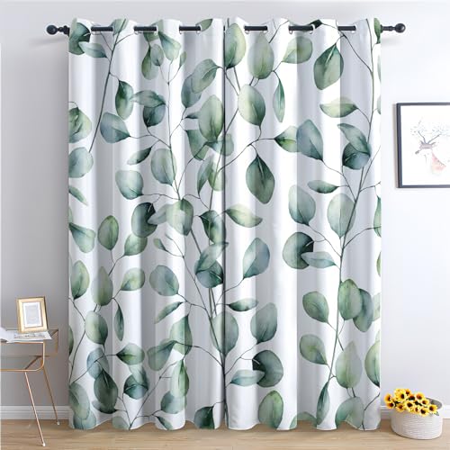 THYUNQ Vorhänge Eukalyptus Blätter Motiv, Vorhang Blickdicht Verdunklungsvorhänge Thermovorhang mit Ösen, Gardinen Wohnzimmer Schlafzimmer Fenster, 2er Set Curtains, H 300 x B 140 cm von THYUNQ