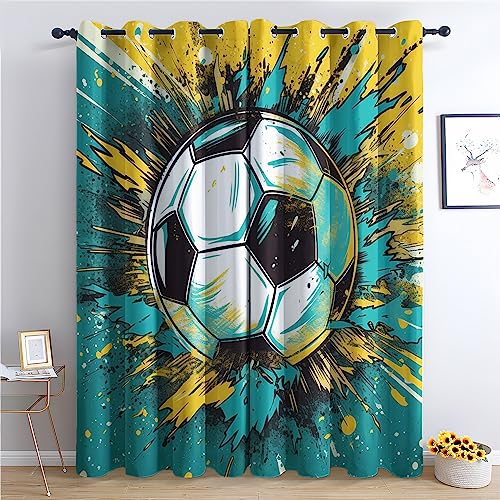 THYUNQ Vorhänge Fussball Motiv, Vorhang Blickdicht Verdunklungsvorhänge mit Ösen - Gardinen Wohnzimmer Schlafzimmer Fenster, 2er Set Curtains, H 260 x B 140 cm von THYUNQ