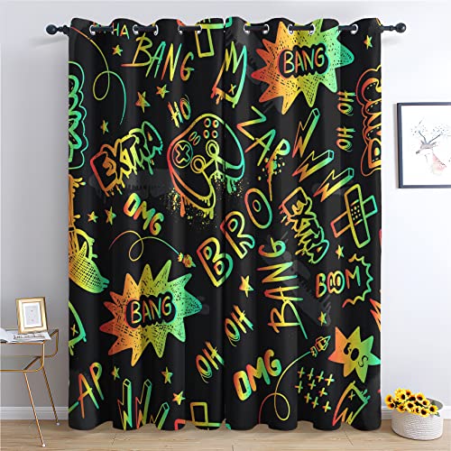 THYUNQ Vorhänge Gaming Gamer Motiv, Vorhang Blickdicht Verdunklungsvorhänge Thermovorhang mit Ösen, Gardinen Wohnzimmer Schlafzimmer Fenster, 2er Set Curtains, H 220 x B 140 cm von THYUNQ