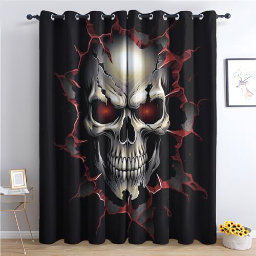 THYUNQ Vorhänge Gothic Totenkopf Motiv, Vorhang Blickdicht Verdunklungsvorhänge Thermovorhang mit Ösen, Gardinen Wohnzimmer Schlafzimmer Fenster, 2er Set Curtains, H 137 x B 117 cm von THYUNQ