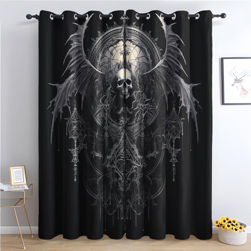 THYUNQ Vorhänge Gothic Totenkopf Motiv, Vorhang Blickdicht Verdunklungsvorhänge Thermovorhang mit Ösen, Gardinen Wohnzimmer Schlafzimmer Fenster, 2er Set Curtains, H 166 x B 75 cm von THYUNQ
