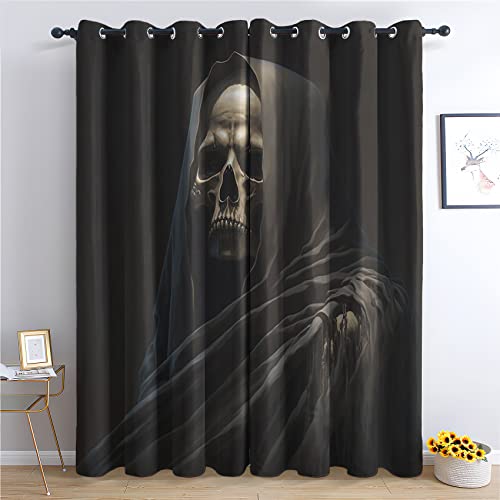 THYUNQ Vorhänge Gothic Totenkopf Motiv, Vorhang Blickdicht Verdunklungsvorhänge mit Ösen - Gardinen Wohnzimmer Schlafzimmer Fenster, 2er Set Curtains, H 160 x B 140 cm von THYUNQ