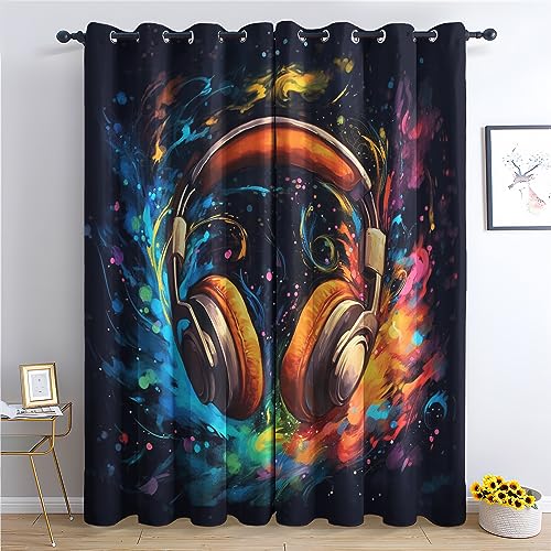 THYUNQ Vorhänge Graffiti Musik Motiv, Vorhang Blickdicht Verdunklungsvorhänge Thermovorhang mit Ösen, Gardinen Wohnzimmer Schlafzimmer Fenster, 2er Set Curtains, H 160 x B 140 cm von THYUNQ