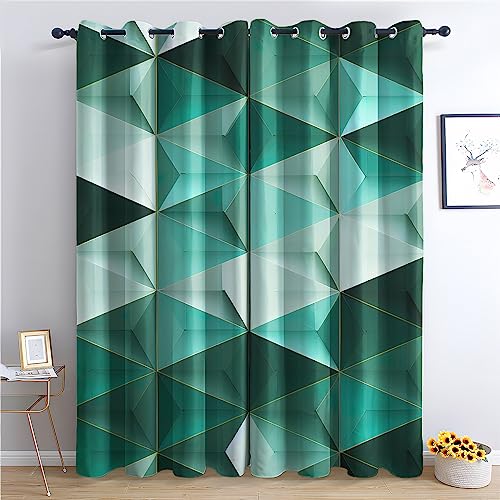 THYUNQ Vorhänge Grüne Geometrische Motiv, Vorhang Blickdicht Verdunklungsvorhänge mit Ösen - Gardinen Wohnzimmer Schlafzimmer Fenster, 2er Set Curtains, H 245 x B 140 cm von THYUNQ