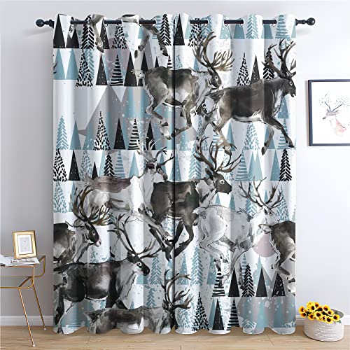 THYUNQ Vorhänge Hirsch Motiv, Vorhang Blickdicht Verdunklungsvorhänge Thermovorhang mit Ösen, Gardinen Wohnzimmer Schlafzimmer Fenster, 2er Set Curtains, H 200 x B 140 cm von THYUNQ