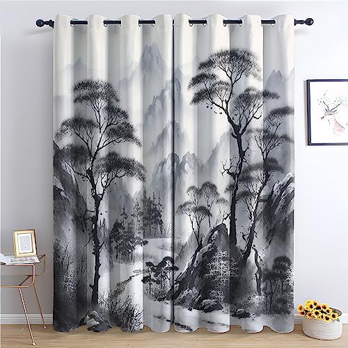 THYUNQ Vorhänge Japanische Chinesische Motiv, Vorhang Blickdicht Verdunklungsvorhänge mit Ösen - Gardinen Wohnzimmer Schlafzimmer Fenster, 2er Set Curtains, H 160 x B 140 cm von THYUNQ