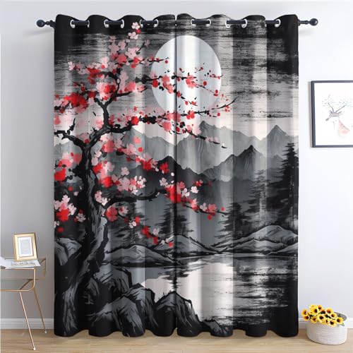 THYUNQ Vorhänge Japanische Motiv, Vorhang Blickdicht Verdunklungsvorhänge Thermovorhang mit Ösen, Gardinen Wohnzimmer Schlafzimmer Fenster, 2er Set Curtains, H 160 x B 140 cm von THYUNQ