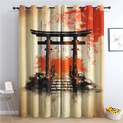 THYUNQ Vorhänge Japanische Motiv, Vorhang Blickdicht Verdunklungsvorhänge Thermovorhang mit Ösen, Gardinen Wohnzimmer Schlafzimmer Fenster, 2er Set Curtains, H 220 x B 140 cm von THYUNQ