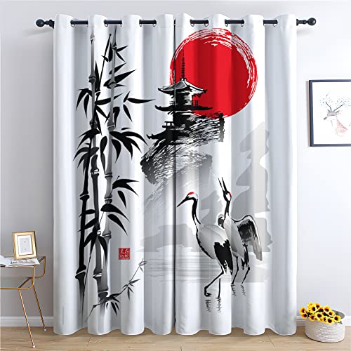 THYUNQ Vorhänge Japanische Motiv, Vorhang Blickdicht Verdunklungsvorhänge mit Ösen - Gardinen Wohnzimmer Schlafzimmer Fenster, 2er Set Curtains, H 220 x B 140 cm von THYUNQ