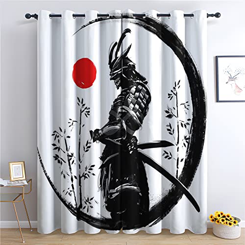 THYUNQ Vorhänge Japanische Samurai Motiv, Vorhang Blickdicht Verdunklungsvorhänge mit Ösen - Gardinen Wohnzimmer Schlafzimmer Fenster, 2er Set Curtains, H 160 x B 140 cm von THYUNQ