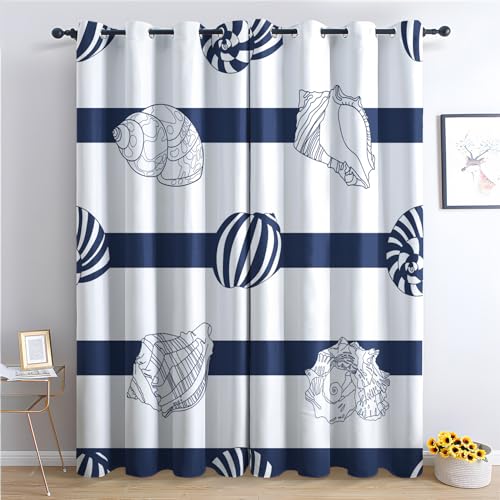 THYUNQ Vorhänge Maritim Ozean Muscheln Motiv, Vorhang Blickdicht Verdunklungsvorhänge Thermovorhang mit Ösen, Gardinen Wohnzimmer Schlafzimmer Fenster, 2er Set Curtains, H 166 x B 75 cm von THYUNQ