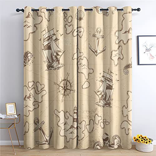 THYUNQ Vorhänge Maritime Motiv, Vorhang Blickdicht Verdunklungsvorhänge Thermovorhang mit Ösen, Gardinen Wohnzimmer Schlafzimmer Fenster, 2er Set Curtains, H 160 x B 140 cm von THYUNQ
