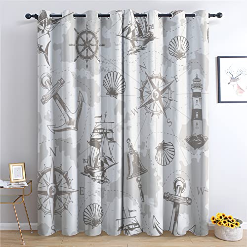 THYUNQ Vorhänge Maritime Motiv, Vorhang Blickdicht Verdunklungsvorhänge Thermovorhang mit Ösen, Gardinen Wohnzimmer Schlafzimmer Fenster, 2er Set Curtains, H 200 x B 140 cm von THYUNQ