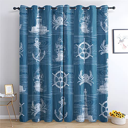 THYUNQ Vorhänge Maritime Motiv, Vorhang Blickdicht Verdunklungsvorhänge mit Ösen - Gardinen Wohnzimmer Schlafzimmer Fenster, 2er Set Curtains, H 175 x B 140 cm von THYUNQ