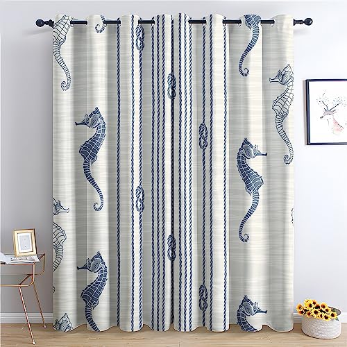 THYUNQ Vorhänge Maritime Seepferdchen Motiv, Vorhang Blickdicht Verdunklungsvorhänge mit Ösen - Gardinen Wohnzimmer Schlafzimmer Fenster, 2er Set Curtains, H 137 x B 117 cm von THYUNQ