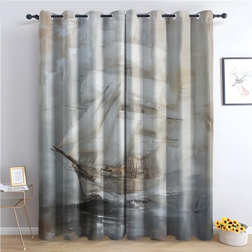 THYUNQ Vorhänge Maritime Segelboot Motiv, Vorhang Blickdicht Verdunklungsvorhänge Thermovorhang mit Ösen, Gardinen Wohnzimmer Schlafzimmer Fenster, 2er Set Curtains, H 245 x B 140 cm von THYUNQ
