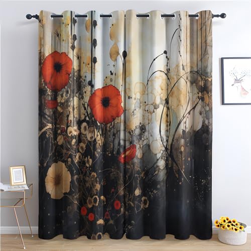 THYUNQ Vorhänge Mohnblumen Motiv, Vorhang Blickdicht Verdunklungsvorhänge Thermovorhang mit Ösen, Gardinen Wohnzimmer Schlafzimmer Fenster, 2er Set Curtains, H 245 x B 140 cm von THYUNQ
