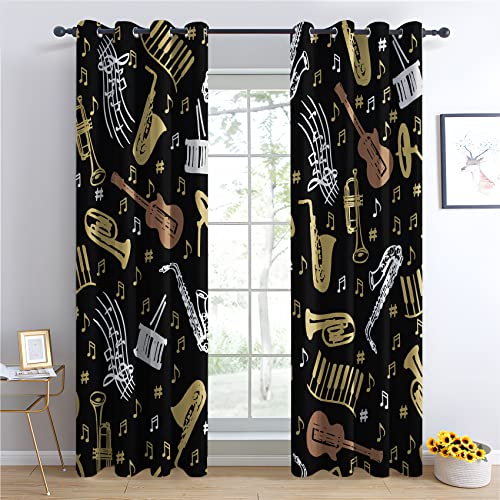 THYUNQ Vorhänge Musik Motiv, Vorhang Blickdicht Verdunklungsvorhänge Thermovorhang mit Ösen, Gardinen Wohnzimmer Schlafzimmer Fenster, 2er Set Curtains, H 200 x B 140 cm von THYUNQ