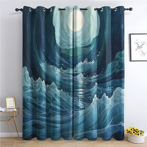 THYUNQ Vorhänge Ozean Wellen Motiv, Vorhang Blickdicht Verdunklungsvorhänge mit Ösen - Gardinen Wohnzimmer Schlafzimmer Fenster, 2er Set Curtains, H 137 x B 117 cm von THYUNQ